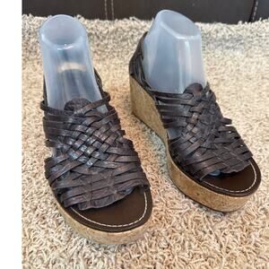 Tory Burch Killian Woven Leather Cork Wedge Huarache Platform Sandals 10 Brown